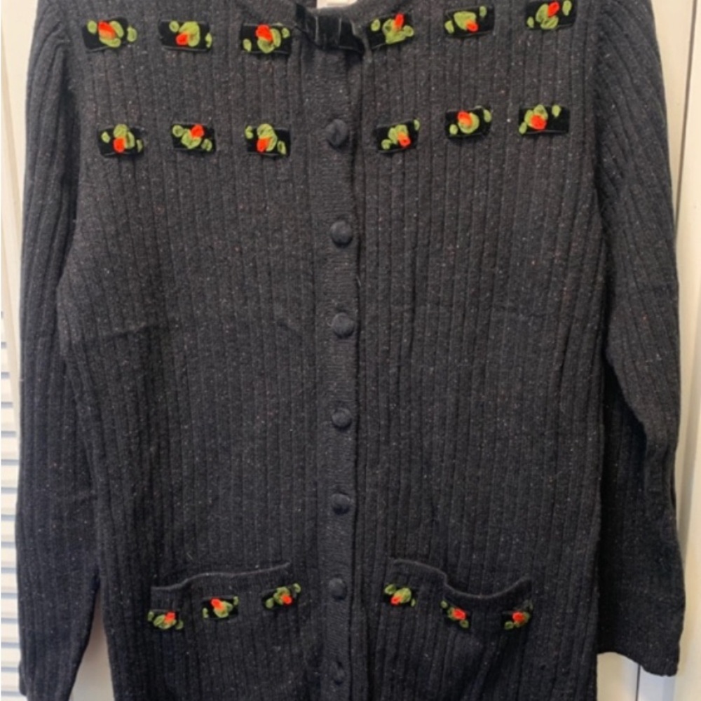 Susan Bristol Gray Cardigan Sweater with Embroidered Details